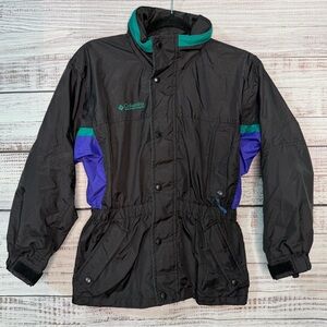 Vintage 90s Columbia Long's Peak Jacket  Boys 10/12 Rain Coat Black Hooded